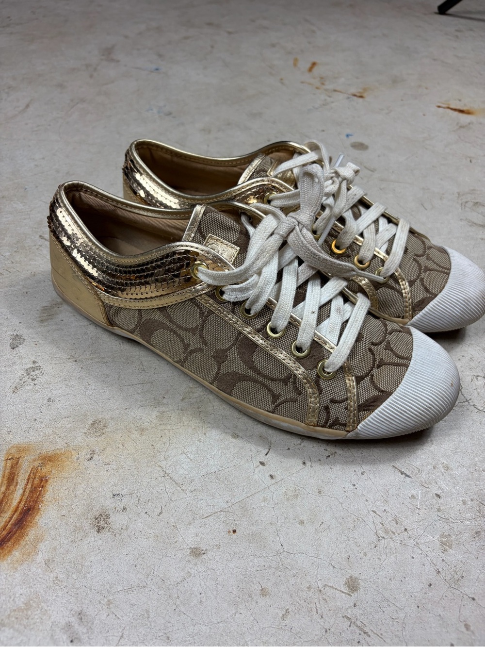 Coach Gold and Tan Signature Low-Top Sneaker Size 9.5